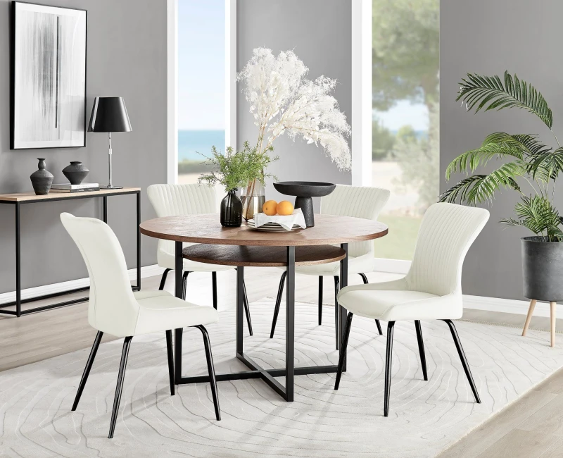 Image of FurnitureboxUK FurnitureboxUK Adley Brown Wood Storage Dining Table & 4 Nora Black Leg Chairs in Cream Cream One Size Unisex 5056542686573