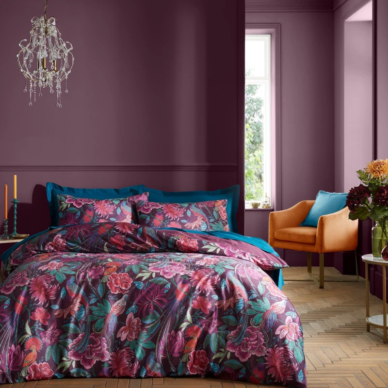 Image of Bridgerton By Catherine Lansfield 'Kate Floral' Soft Velvet Duvet Cover Set Plum