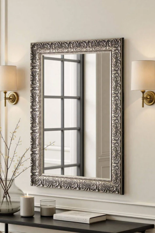 Image of Yearn Mirrors Yearn Mirrors Carved Framed Bevelled Mirror Silver 92.5x67cm Silver One Size Unisex 0716053063250