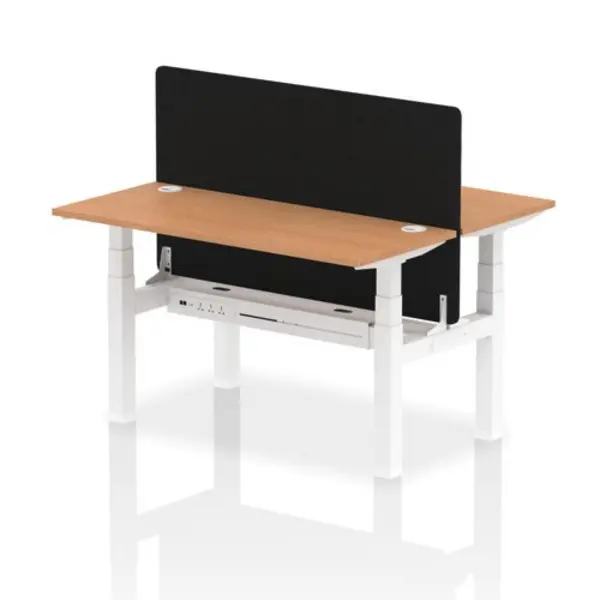 Image of Air Air Back-to-Back 1400 x 600mm Height Adjustable 2 Person Bench Desk Oak Top with Cable Ports White Frame with Black Straight Screen HASCP2P14600O