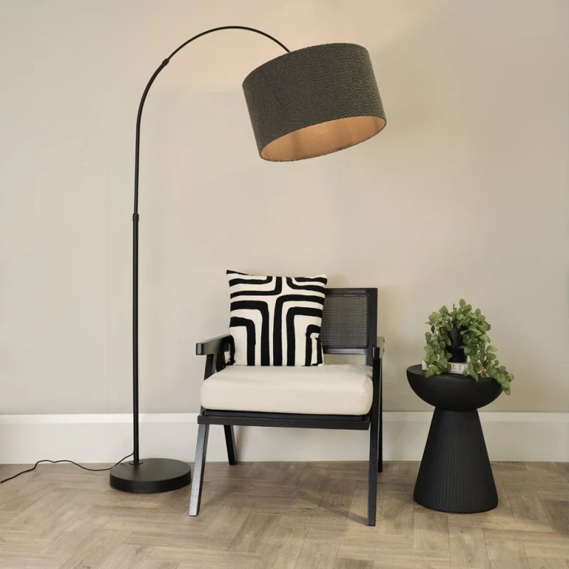 Image of ValueLights Louis Black Arched Curved Floor Lamp with Boucle Drum Lamp Shade and LED Bulb Charcoal