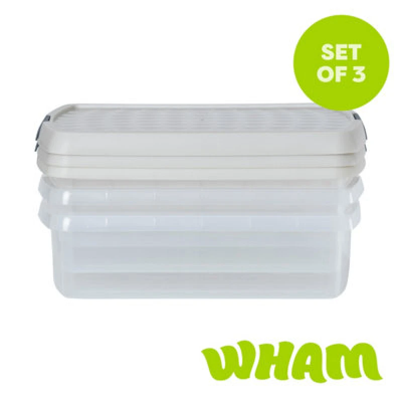 Image of Wham Clip 3X 8.5L Rectangular Plastic Storage Boxes With Clip Lock Lids. Ideal For Home, Office, Toys & More - Clear/stone