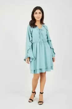Image of Teal Frill Sleeve Detail Skater Dress