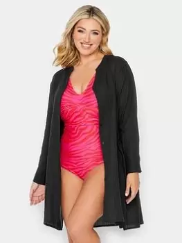 Image of Yours Collarless Jacquard Beach Shirt Black, Size 34-36, Women