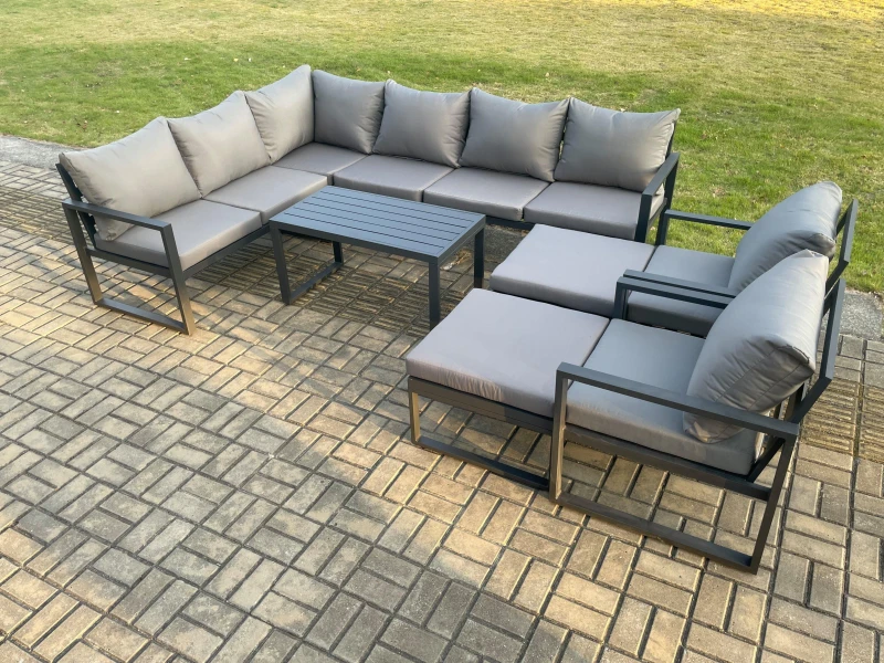 Image of Fimous Aluminum 10 Seater Outdoor Lounge Corner Sofa Set Garden Furniture Sets with Oblong Coffee Table 2 Chairs 2 Big Footstool Dark Grey Dark Grey U