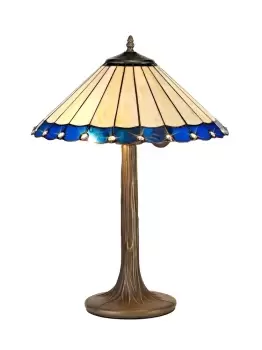 Image of 2 Light Tree Like Table Lamp E27 With 40cm Tiffany Shade, Blue, Crystal, Aged Antique Brass