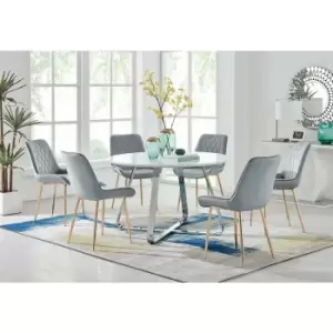 Image of Santorini White Round Dining Table And 6 Grey Pesaro Gold Leg Chairs - Elephant Grey