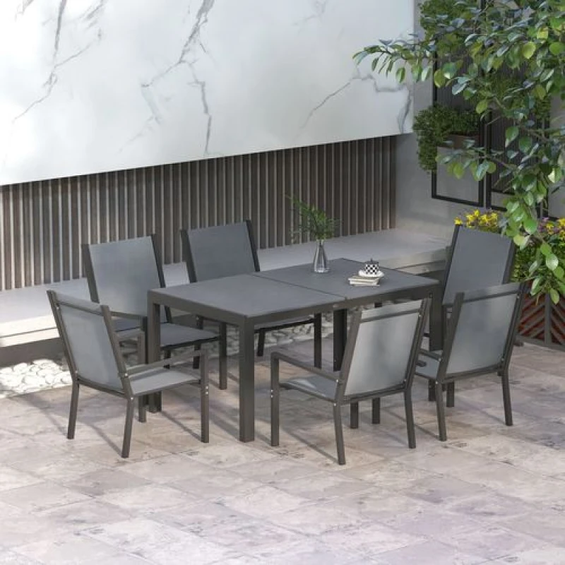 Image of Outsunny 7 PCs Garden Dining Set, Wood-plastic Composite Table & 6 Chairs, Grey 84G-404V00LG