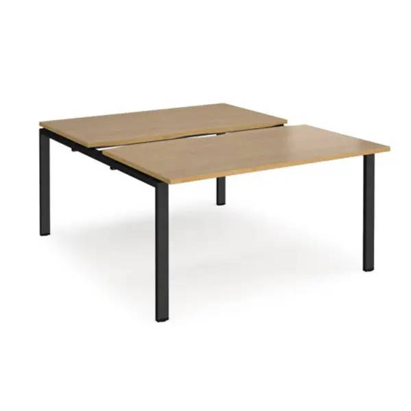 Image of Adapt Bench Desk 2 Person Starter Rectangular Desks 1400mm With Sliding Tops Oak Tops With Black Frames 1600mm Depth Adapt Oak STE1416-SB-K-O