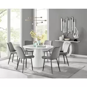 Image of Furniturebox Palma White High Gloss 6 Seat Minimalist Post Modern Round Dining Table & 6 Grey Pesaro Black Leg Velvet Chairs