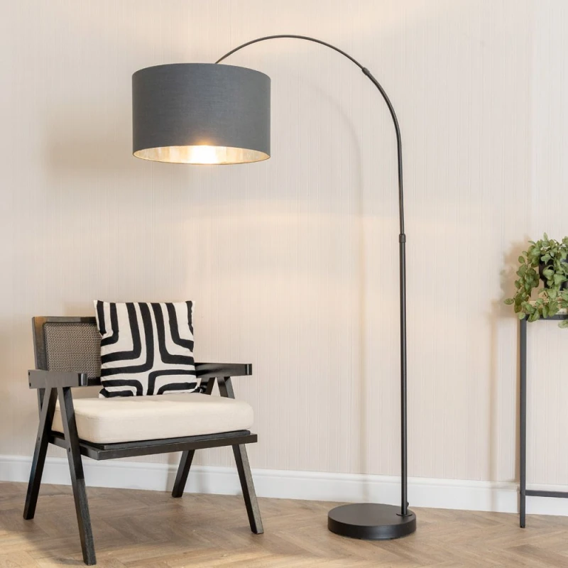 Image of ValueLights ValueLights Louis Black Arched Floor Lamp with Fabric Drum with Chrome Inner Shade & Bulb in Charcoal Charcoal One Size Unisex 50594060612