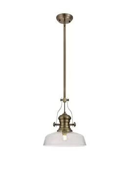 Image of Telescopic Dome Ceiling Pendant E27 With 30cm Flat Round Glass Shade, Antique Brass, Clear