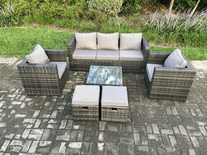 Image of Fimous Wicker Rattan Garden Furniture Sofa Set with Armchair Square Coffee Table 2 Small Footstools Dark Grey Mixed Dark Grey