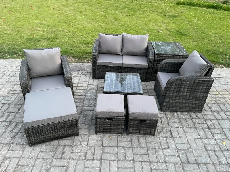 Image of Fimous Rattan Garden Furniture Set Patio Conservatory Indoor Outdoor 8 Piece Set with Love Sofa Square Coffee Table Dark Grey