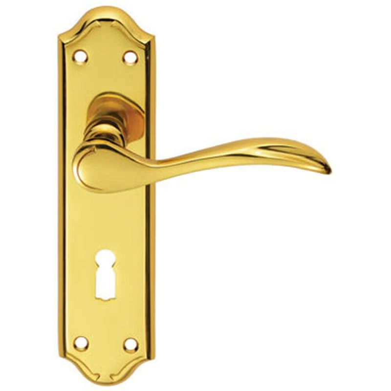 Image of Loops PAIR Curved Door Handle Lever on Lock Backplate 180 x 45mm Polished Brass Metallics