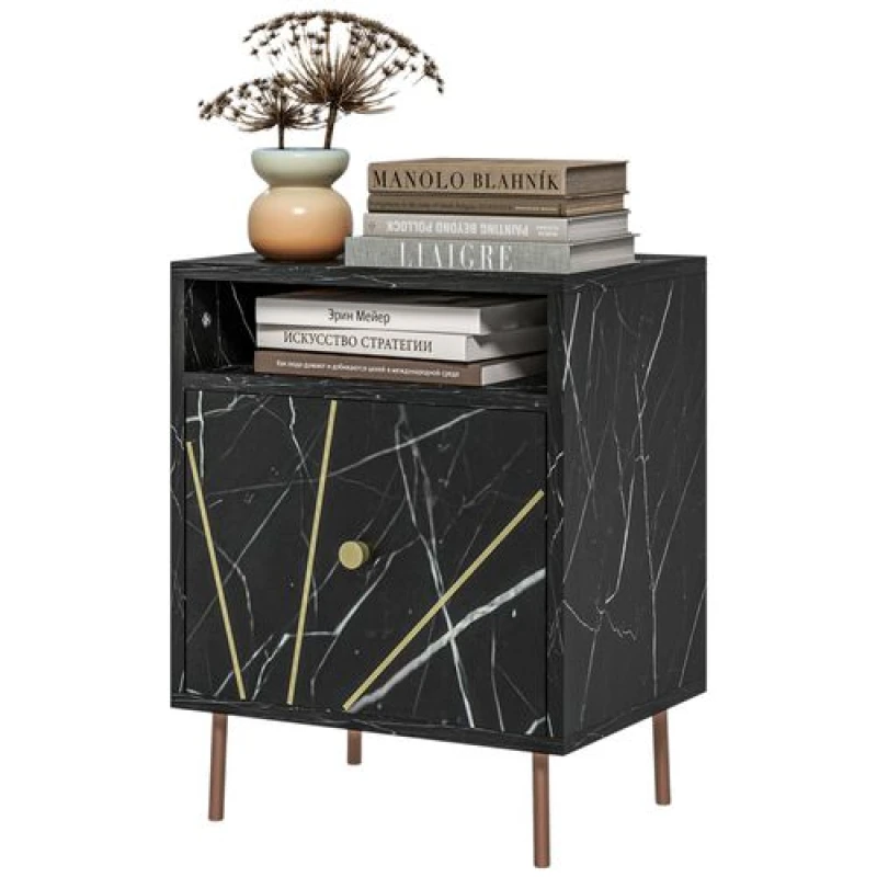 Image of HOMCOM Modern Bedside Table with Drawer and Open Shelf Black Marble Effect 831-816V00BK