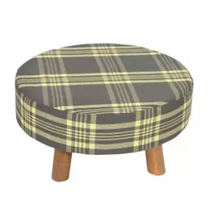 Image of Grey and Yellow Tartan Fabric Flat Circular Stool with Wooden Legs - Grey & Yellow - Homescapes