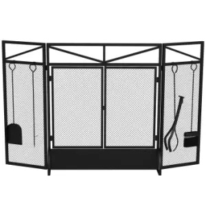 Image of HOMCOM 3 Panel Folding Fire Guard Screen with Fireplace Tool Sets and Front Doors, Freestanding Fire Screen Spark Guard with Feet for Open Fire, Log B