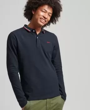 Image of Superdry Mens Vintage Tipped Long Sleeve Polo Shirt Navy / Natural - Size: M