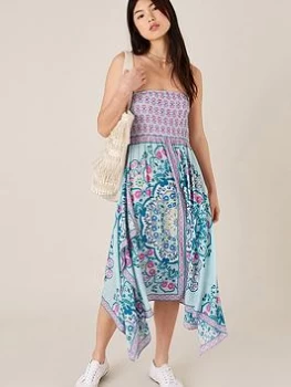 Image of Monsoon Blue Scarf Print Hanky Hem Dress in Lenzingt Ecoverot - S to M