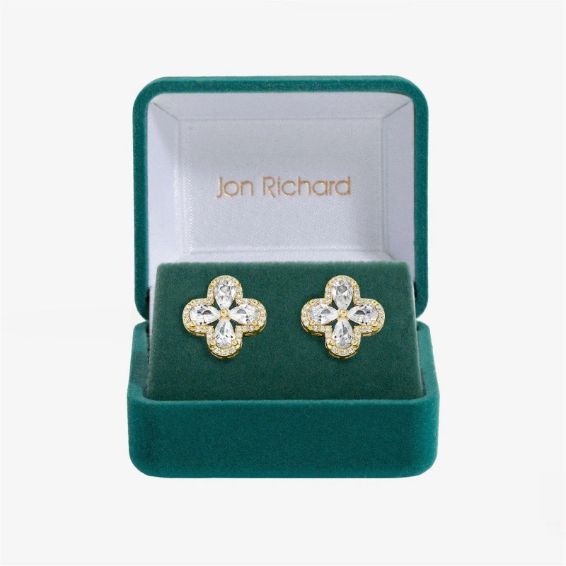 Image of Jon Richard Gold Plated Cubic Zirconia Clover Stud Earrings - Gift Boxed Gold