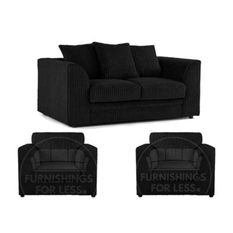 Image of Furnishings For Less UK Luxor Jumbo Cord 2 + 1 + 1 Fabric 3 Piece Sofa Suite - Scatter Back Black