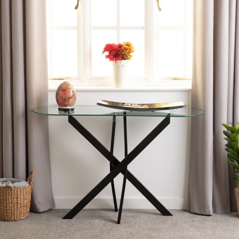 Image of Seconique Sheldon Console Table Clear Glass Top With Stylish Black Wavy Legs