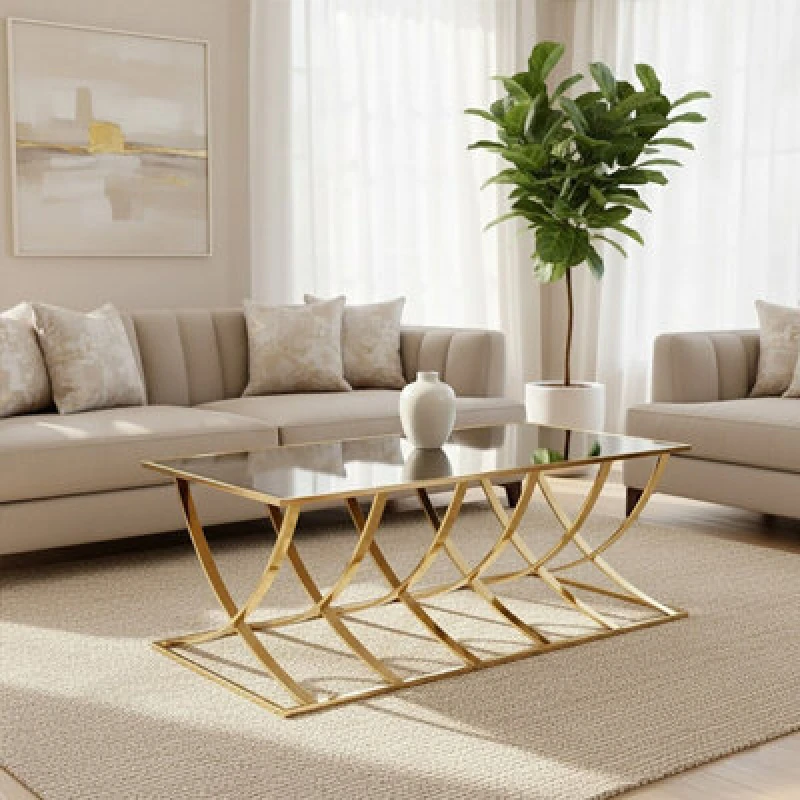 Image of Premier Housewares Modern Mirrored Top Coffee Table, Elegant Chrome Finished Accent Table, Contemporary Decorative Table Gold