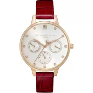 Image of Ladies Olivia Burton Multifunction Carnation Gold and Burgundy Leather Strap Watch