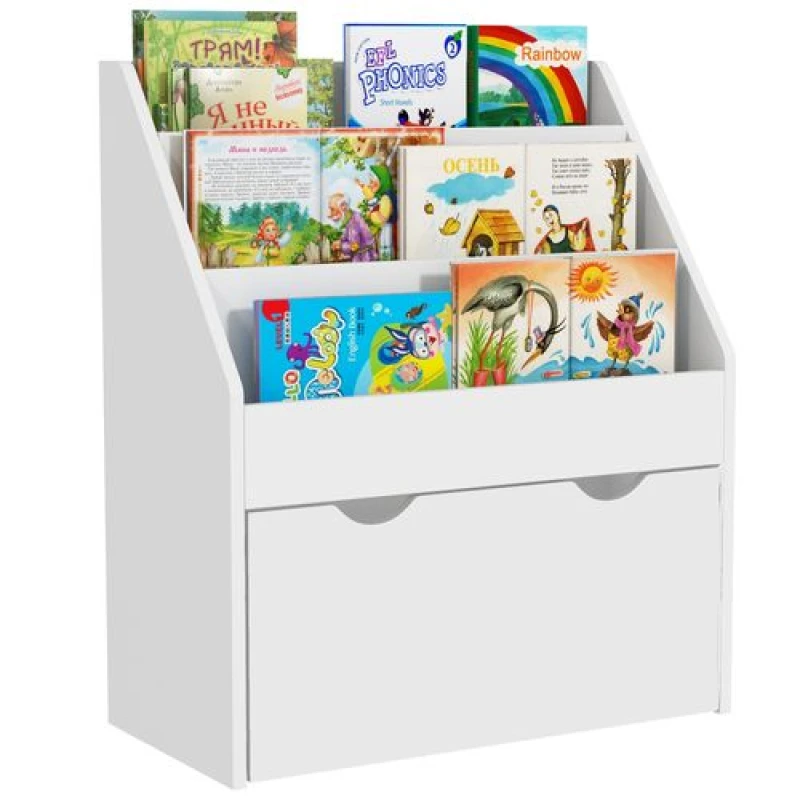 Image of AIYAPLAY Kids Bookcase w/ 3 Tier Shelves, Drawer, for Bedroom, Nursery, White 311-075V80WT