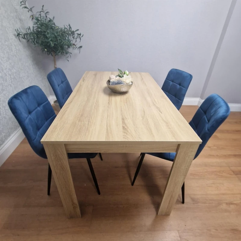 Image of KOSY KOALA Dining Set of 4 Dining Table and 4 Blue Velvet Chairs Dining Room Furniture Beige