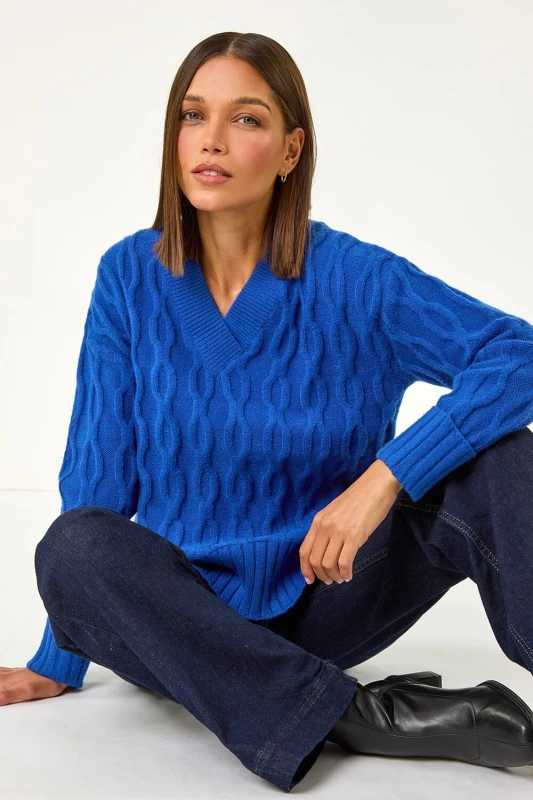 Image of Roman Womens V-Neck Cable Knit Jumper in Royal Size: 18 Royal Female 18
