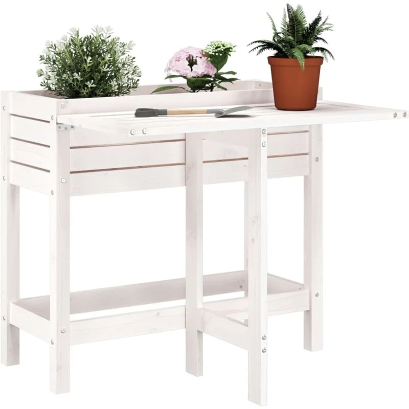 Image of vidaXL Garden Planter w/ Folding Tabletop White Solid Wood Pine, White 825122