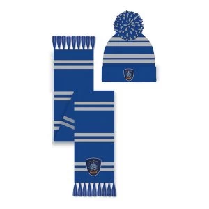 Image of Harry Potter - Ravenclaw Crest Pom Pom Beanie & Scarf Set Unisex - Blue/Grey