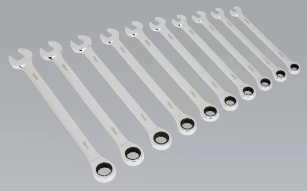 Image of Genuine SEALEY AK63910 Combination Ratchet Spanner Set 10pc Extra-Long Metric