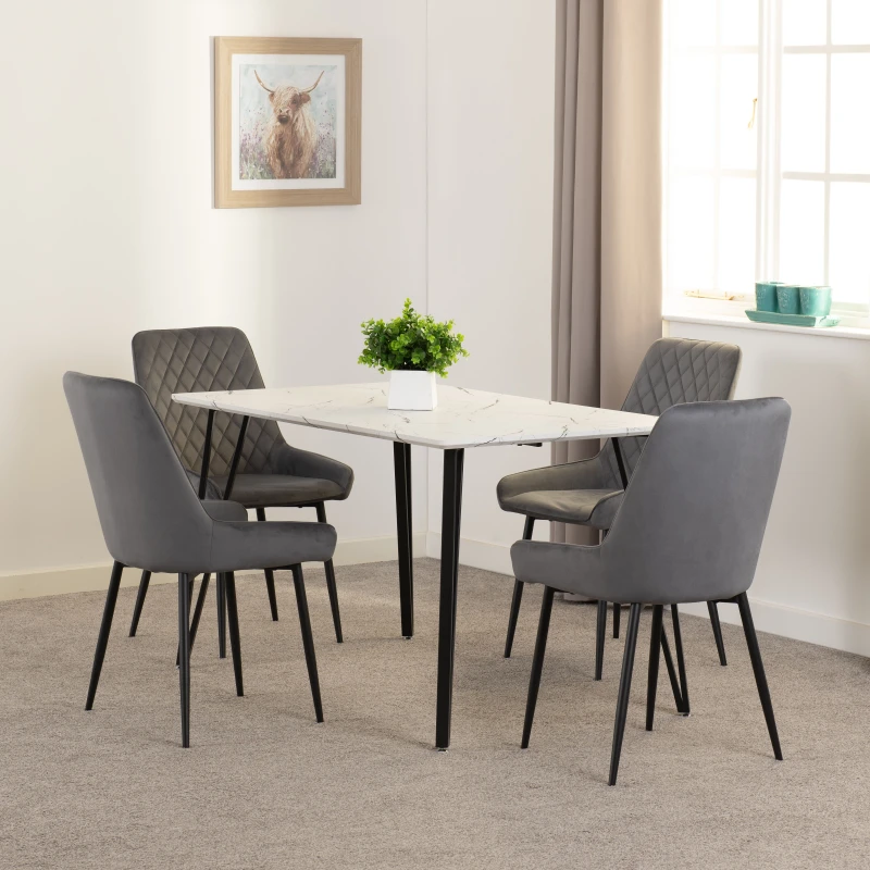 Image of Seconique Marlow & Avery Dining Set (x4 Chairs) - White Marble/Grey Velvet, White 400-401-350