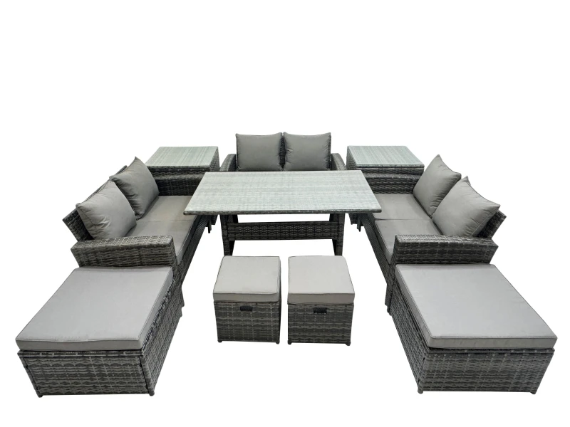 Image of Fimous 10 Seater Outdoor Table Double Seat Sofa 2 Side Tables 4 Stools Set in Dark Grey Dark Grey Unisex
