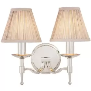 Image of Avery Luxury Twin Arm Wall Light Traditional Bright Nickel & Beige Pleat Shade