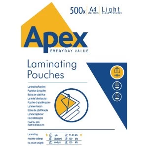 Image of Fellowes Apex A4 Laminating Pouch Light Duty 150 Micron Pack of 500