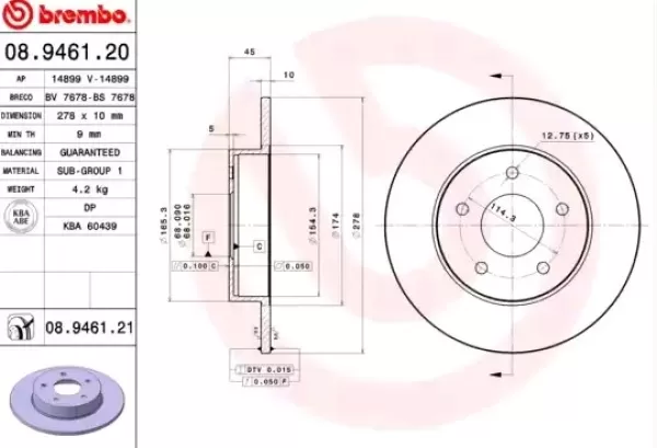 Image of BREMBO Brake disc NISSAN 08.9461.21 432064U101,432064U102,432064U103 Brake rotor,Brake discs,Brake rotors