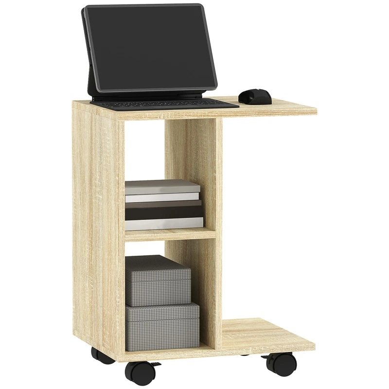 Image of HOMCOM C-Shape End Table Storage Unit w/ 2 Shelves 4 Wheels Home - Natural wood finish TJ Hughes 5061025073931