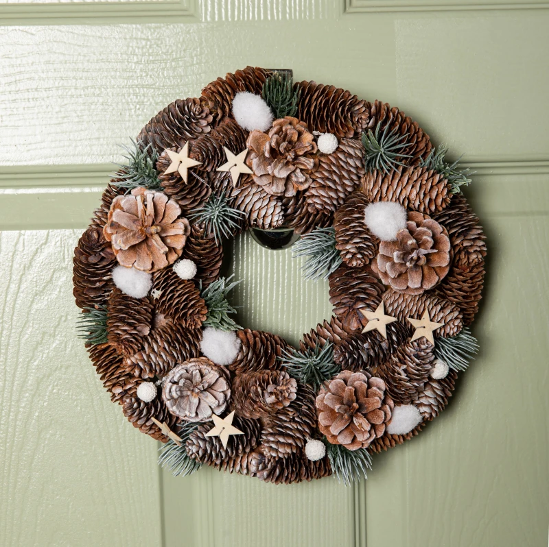 Image of 30cm Frosted Hanging Christmas Wreath with Pine Cones & Wooden Stars