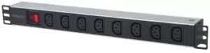 Image of 19" 1U Rackmount 8-Output C13 Power Distribution Unit (PDU) - With Removable Power Cable and Rear C14 Input (Euro 2-pin plug) - 1U - Black - Silver -