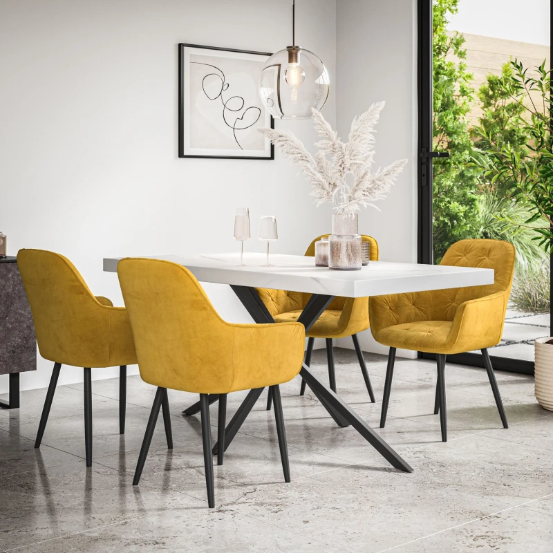 Image of More4Homes Donni Dining Table And Chairs - White Marble Effect Table Top W Black Legs + Anika Velvet Dining Chair Set Of 4 (Mustard)