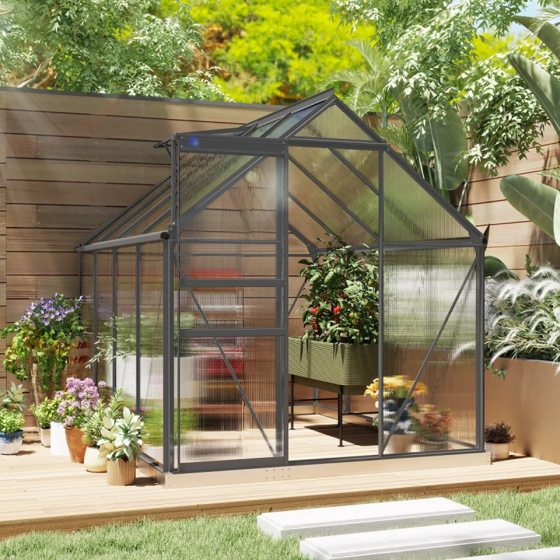 Image of Outsunny Outsunny Polycarbonate Walk-in Garden Greenhouse w/ Sliding Door Dark Grey