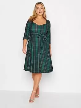Image of Yours Check V Neck Skater Dress - Green, Size 22, Women