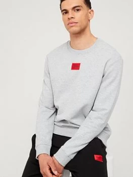 Image of HUGO Diragol Red Patch Logo Sweatshirt - Grey, Dark Grey, Size S, Men