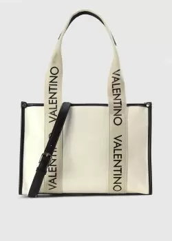 Image of Valentino Bags Womens Candle Canvas Logo Tape Tote In Naturale/Nero