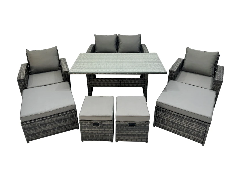 Image of Fimous 8 Seater Outdoor Dining Table Double Seat Sofa 4 Stool Set in Dark Grey Dark Grey Unisex
