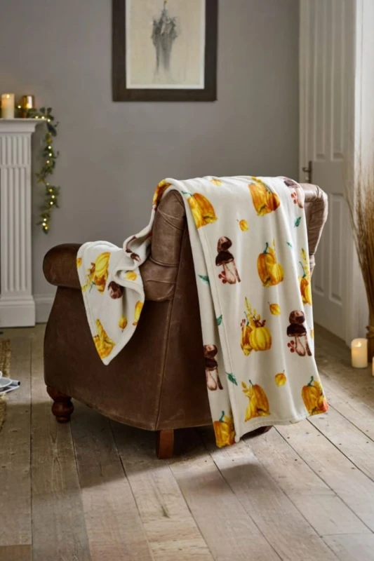 Image of Deyongs Deyongs Halloween Pumpkin Party Throw Natural Supesoft Fleece Blanket 140x180cm Size: 140cm x 180cm Natural 140cm x 180cm Unisex 50549901399